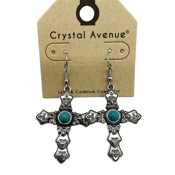 Silvertone & Turquoise Cross Earrings - Picture 2 of 3
